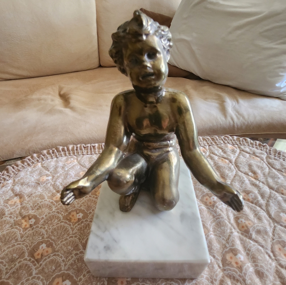 Heavy Solid Brass/ Bronze Child/ Cherub Figure Bookend - Picture 5 of 10